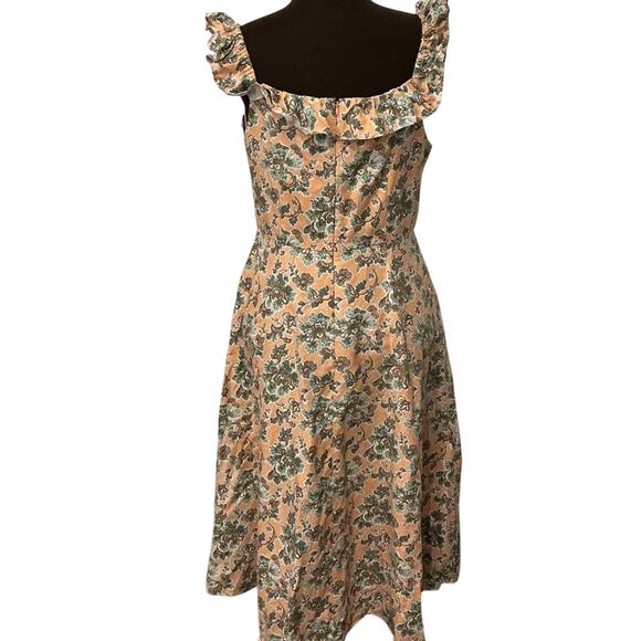 Ann Taylor Peach Green Cotton Linen Floral Ruffle Summer Fit Flare Dress Size 10 - Picture 6 of 10